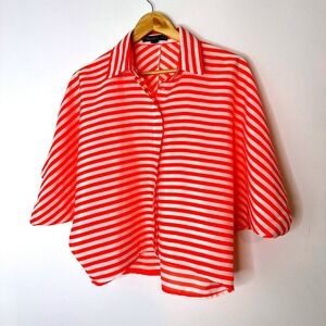 Elizabeth and James XS Orange Striped 3/4 Sleeve‎ Button Down Blouse Top